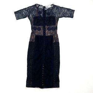 BEGUILE Anthropologie Lace Sheath Dress Carissima Navy Blue Lace Byron Lars Sz 0